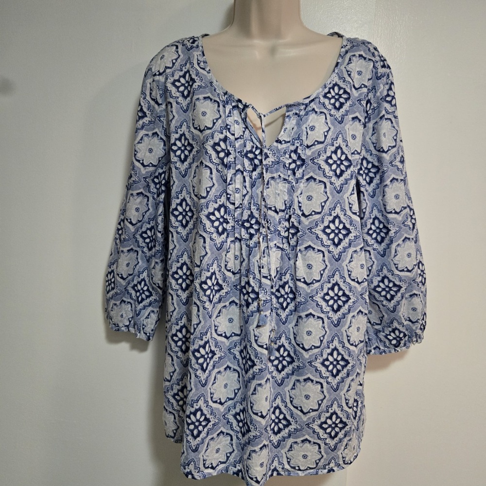 J Jill Size M‎ Blue Tunic Blouse BoHo Tie-Front Tassel Cottage Beach Peasant